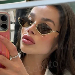 Fashion Small Polygonal Metal Half-Frame Sunglasses – Luxury Hipster Cat-Eye Shades for Women