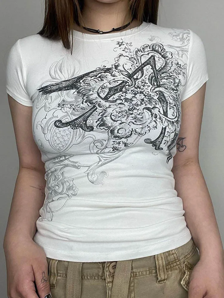 Retro Graphic Crop Top White Short Sleeve O Neck Casual T Shirt for Women y2k Aesthetic Vintage Basic Tees Ladies Clothes - Image 4