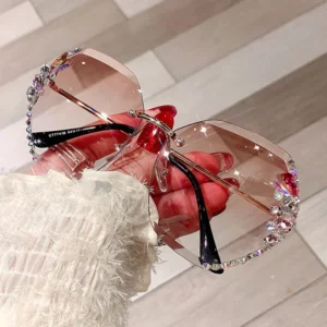 2025 Luxury Vintage Rimless Rhinestone Sunglasses – Gradient Lens Shades for Women