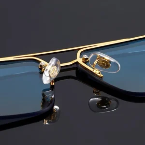 Women's Frameless Double-Beam Fashion Sunglasses – Gold Trim with Wood Grain Arms, Stylish Driving Eyewear