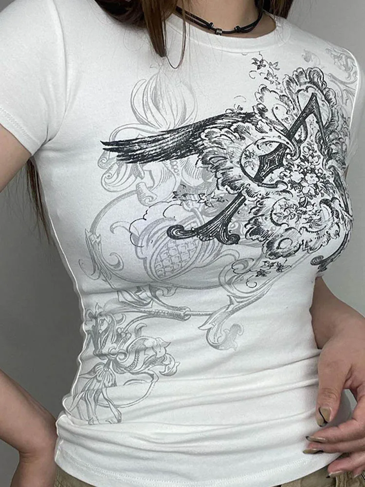 Retro Graphic Crop Top White Short Sleeve O Neck Casual T Shirt for Women y2k Aesthetic Vintage Basic Tees Ladies Clothes - Image 2