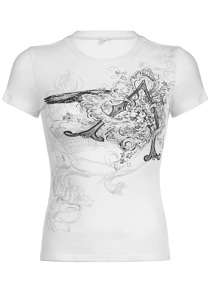 Retro Graphic Crop Top White Short Sleeve O Neck Casual T Shirt for Women y2k Aesthetic Vintage Basic Tees Ladies Clothes - Image 6