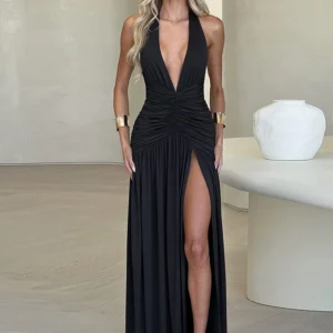 Weird Puss Deep V-Neck Halter Dress Woman Summer Ruffles Splits Backless Elegant Patchwork Solid Party Coquette Sexy Vestidos