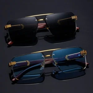 Women's Frameless Double-Beam Fashion Sunglasses – Gold Trim with Wood Grain Arms, Stylish Driving Eyewear