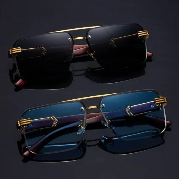 Women's Frameless Double-Beam Fashion Sunglasses – Gold Trim with Wood Grain Arms, Stylish Driving Eyewear - Image 4