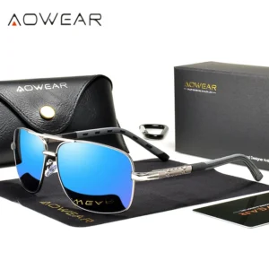 AOWEAR Luxury Square Sunglasses Men Polarized Retro Mirror Sun Glasses for Man Women Vintage Shades Eyewear with Case