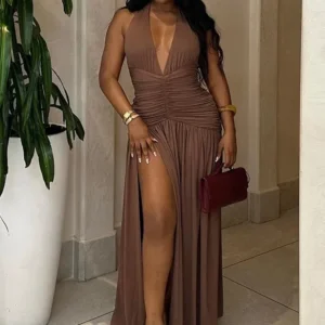 Weird Puss Deep V-Neck Halter Dress Woman Summer Ruffles Splits Backless Elegant Patchwork Solid Party Coquette Sexy Vestidos