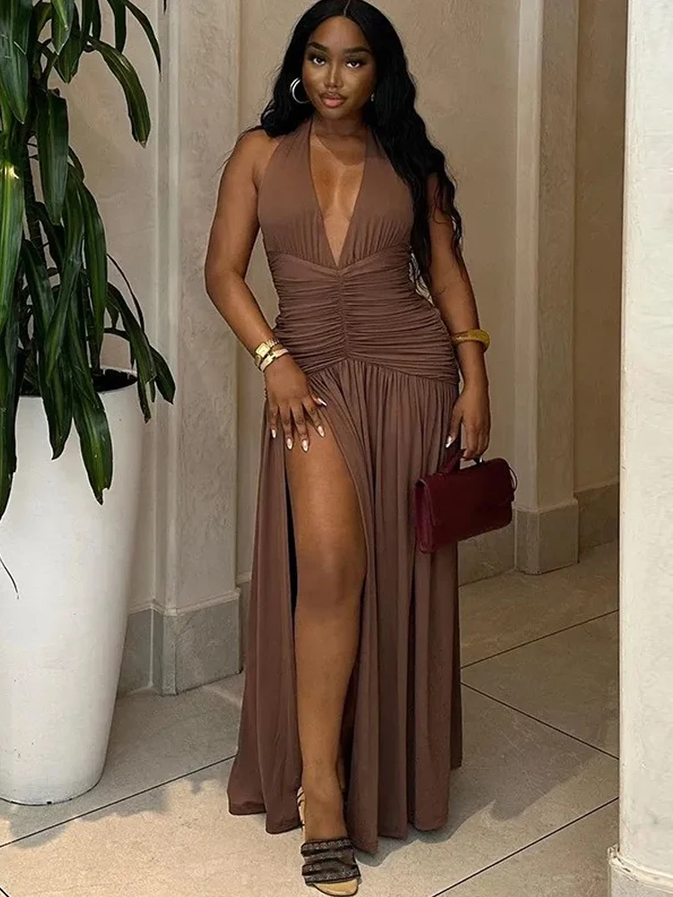 Weird Puss Deep V-Neck Halter Dress Woman Summer Ruffles Splits Backless Elegant Patchwork Solid Party Coquette Sexy Vestidos