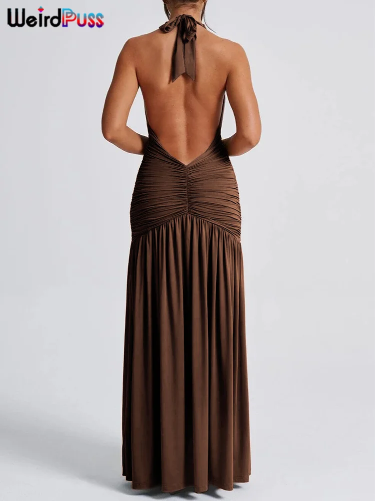 Weird Puss Deep V-Neck Halter Dress Woman Summer Ruffles Splits Backless Elegant Patchwork Solid Party Coquette Sexy Vestidos - Image 5