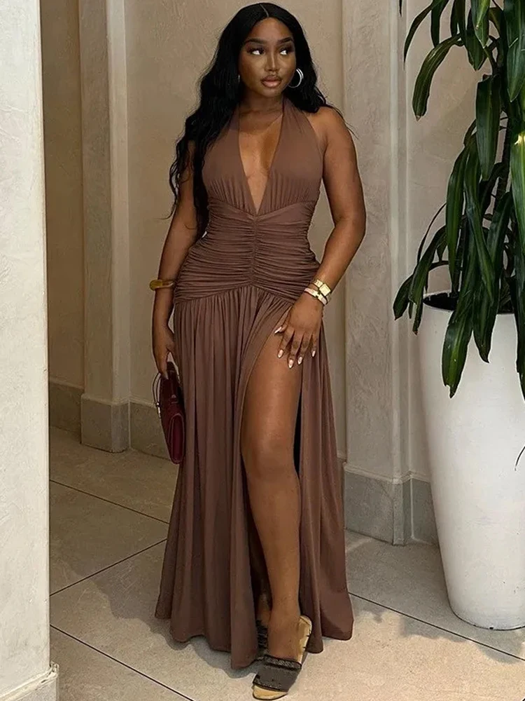 Weird Puss Deep V-Neck Halter Dress Woman Summer Ruffles Splits Backless Elegant Patchwork Solid Party Coquette Sexy Vestidos - Image 3