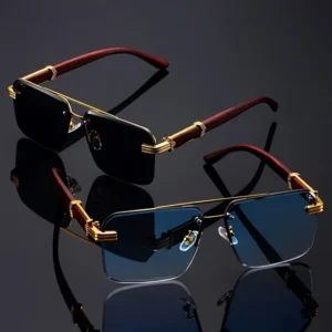 Women's Frameless Double-Beam Fashion Sunglasses – Gold Trim with Wood Grain Arms, Stylish Driving Eyewear