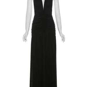 Weird Puss Deep V-Neck Halter Dress Woman Summer Ruffles Splits Backless Elegant Patchwork Solid Party Coquette Sexy Vestidos