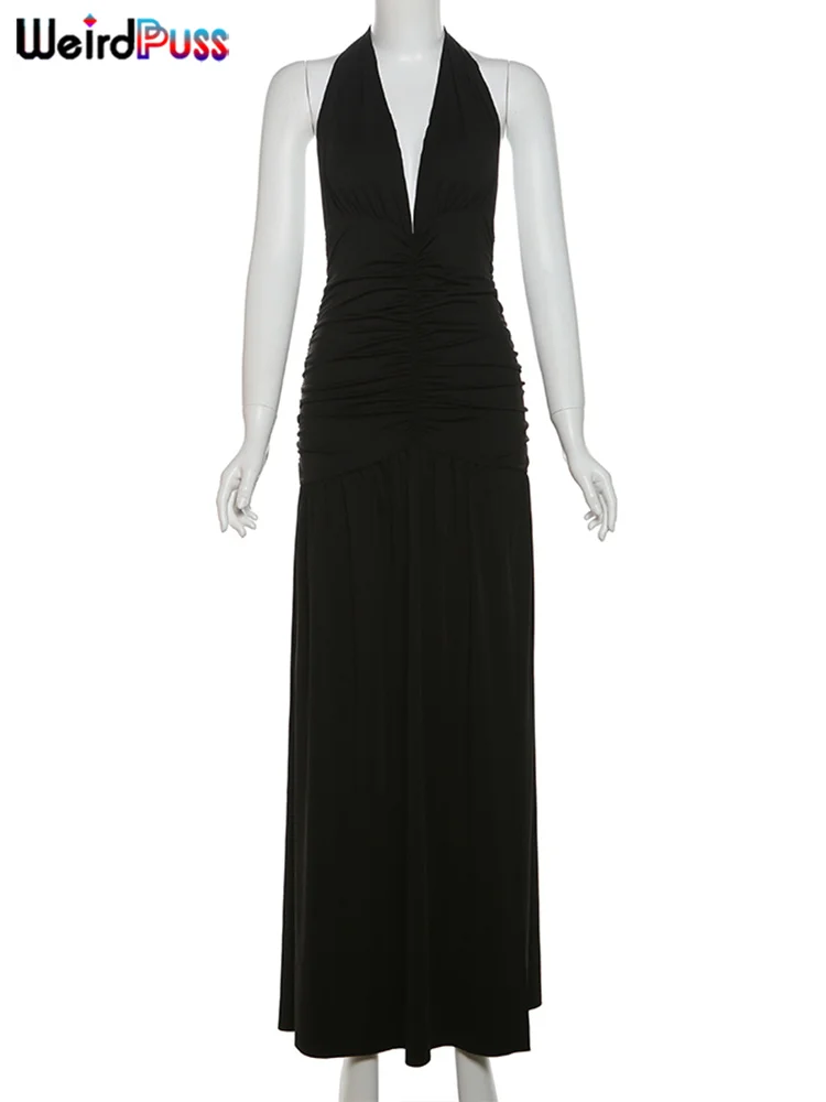 Weird Puss Deep V-Neck Halter Dress Woman Summer Ruffles Splits Backless Elegant Patchwork Solid Party Coquette Sexy Vestidos - Image 6