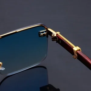 Women's Frameless Double-Beam Fashion Sunglasses – Gold Trim with Wood Grain Arms, Stylish Driving Eyewear