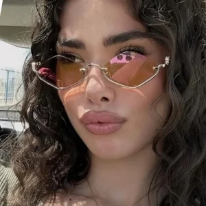 Fashion Small Polygonal Metal Half-Frame Sunglasses – Luxury Hipster Cat-Eye Shades for Women