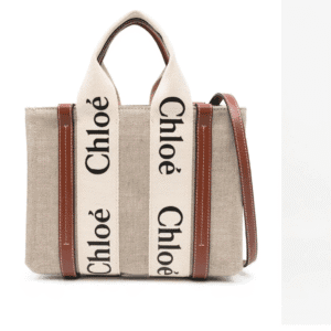 Designer Beige Linen Tote Bag – Medium Leather-Trimmed Shoulder Bag with Logo-Inspired Webbing Handles