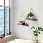 Premium Wood Swing Hanging Rope Wall Mounted Floating Shelves – Plant Flower Pot Indoor Outdoor Decoration Simple Design - Image 3