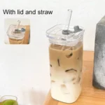 Square Heat Resistant Coffee Glass Cup With Lid and Straw 1pc Heat Resistant Glass Cup For Milk Tea Juice Iced Coffee & Smoothie - Image 2