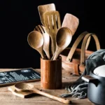 9PCS Wooden Spoons For Cooking, Wooden Utensils For Cooking With Utensils Holder, Teak Wooden Kitchen Utensils Set - Image 2