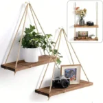 Premium Wood Swing Hanging Rope Wall Mounted Floating Shelves – Plant Flower Pot Indoor Outdoor Decoration Simple Design