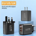 65W USB-C 3-Port Fast Charger with QC3.0 – EU/US/UK Wall Adapter