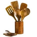 9PCS Wooden Spoons For Cooking, Wooden Utensils For Cooking With Utensils Holder, Teak Wooden Kitchen Utensils Set - Image 6