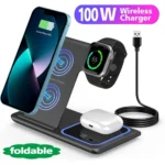 40W 3-in-1 Fast Wireless Charger Stand for iPhone, Apple Watch & AirPods – Foldable with LED