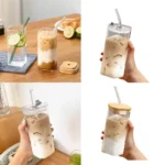 Square Heat Resistant Coffee Glass Cup With Lid and Straw 1pc Heat Resistant Glass Cup For Milk Tea Juice Iced Coffee & Smoothie - Image 6