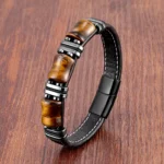 Natural Stone,Tiger Eye Bracelet,Black Leather Rope Chain,Men Bracelet,Stainless Steel Bracelet,Women Fashion Jewelry,Wholesale - Image 4