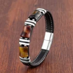 Natural Stone,Tiger Eye Bracelet,Black Leather Rope Chain,Men Bracelet,Stainless Steel Bracelet,Women Fashion Jewelry,Wholesale - Image 3