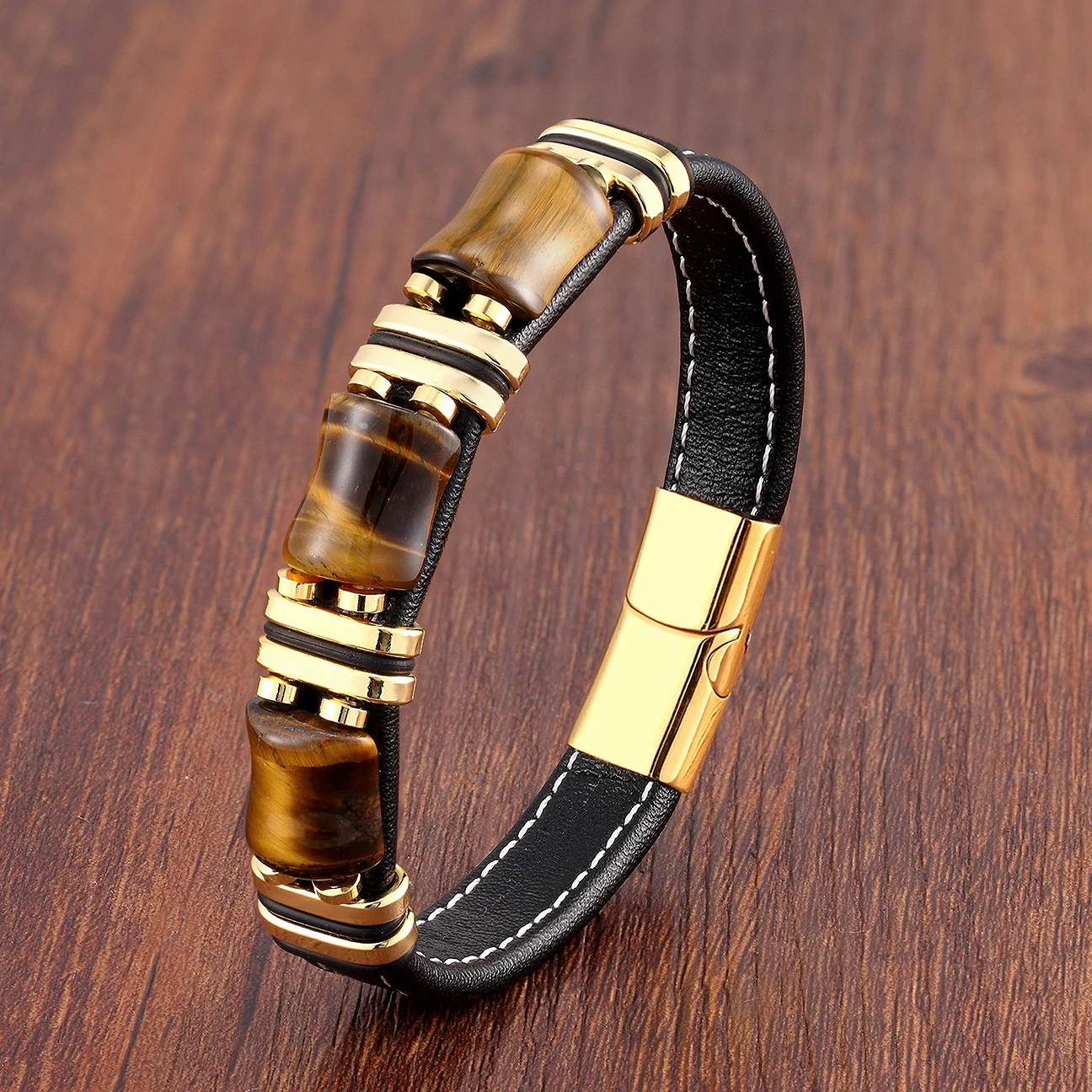 kf-H64bb82341abc4789a6ca6f61c47957f7s Natural Stone,Tiger Eye Bracelet,Black Leather Rope Chain,Men Bracelet,Stainless Steel Bracelet,Women Fashion Jewelry,Wholesale - Image 1