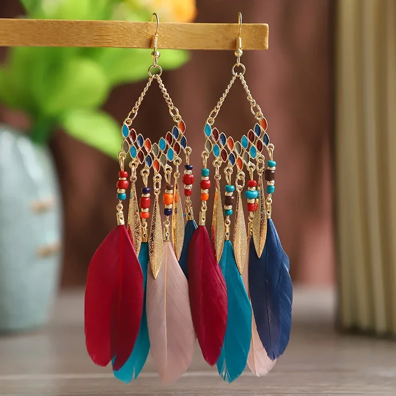 kf-S00ab55603c964e49abaa8687d3fd218dd Bohemian Ethnic Feather Dangle Earrings For Women Trendy Long Tassel Colorful Beads Drop Earrings Girl Female Boho Jewelry - Image 1