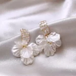 Korean White Shell Flower Drop Earrings with Zircon Crystals