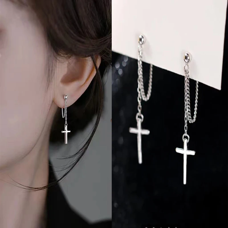 kf-S214b6de17928418788e5e83ee368c06ev 2 Pcs Punk Silver Color Cross Drop Earrings for Women Men Gothic Hip Hop Long Tassel Hanging Earring Jewelry Gift Bijoux - Image 1
