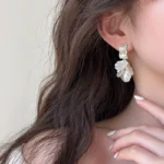Korean White Shell Flower Drop Earrings with Zircon Crystals - Image 4