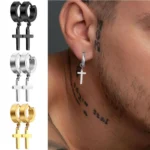 1Pair Punk Stainless Steel Cross Pendant Hoop Earrings For Men Women Not Fade Ear Rings Hip Hop Male Jewelry - Image 3