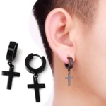 1Pair Punk Stainless Steel Cross Pendant Hoop Earrings For Men Women Not Fade Ear Rings Hip Hop Male Jewelry - Image 4