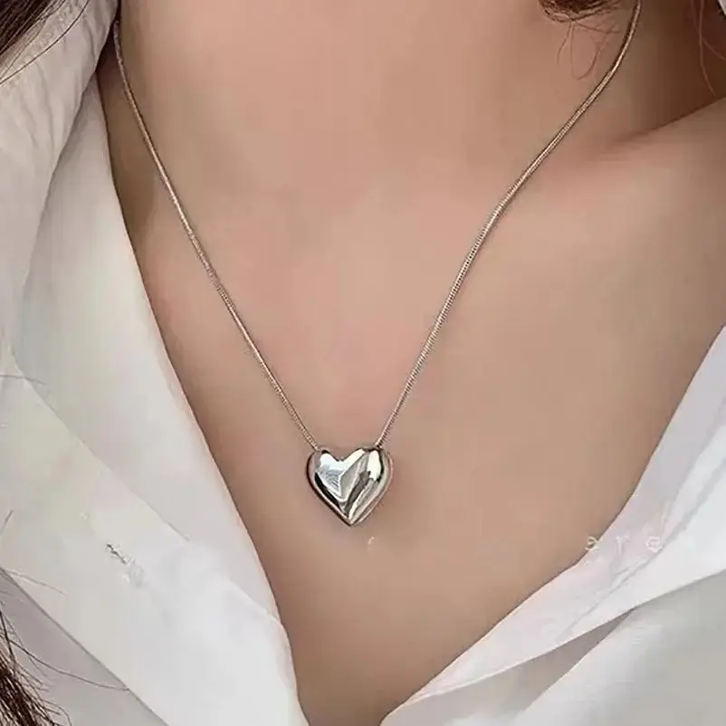 kf-S3e4f139980f240ec9248609b7e552b9cb Simple Trendy Silver Color Love Heart Pendant Necklace for Women Korean Fashion Snake Bone Chain Clavicle Chokers Party Jewelry - Image 1