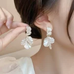Korean White Shell Flower Drop Earrings with Zircon Crystals - Image 2