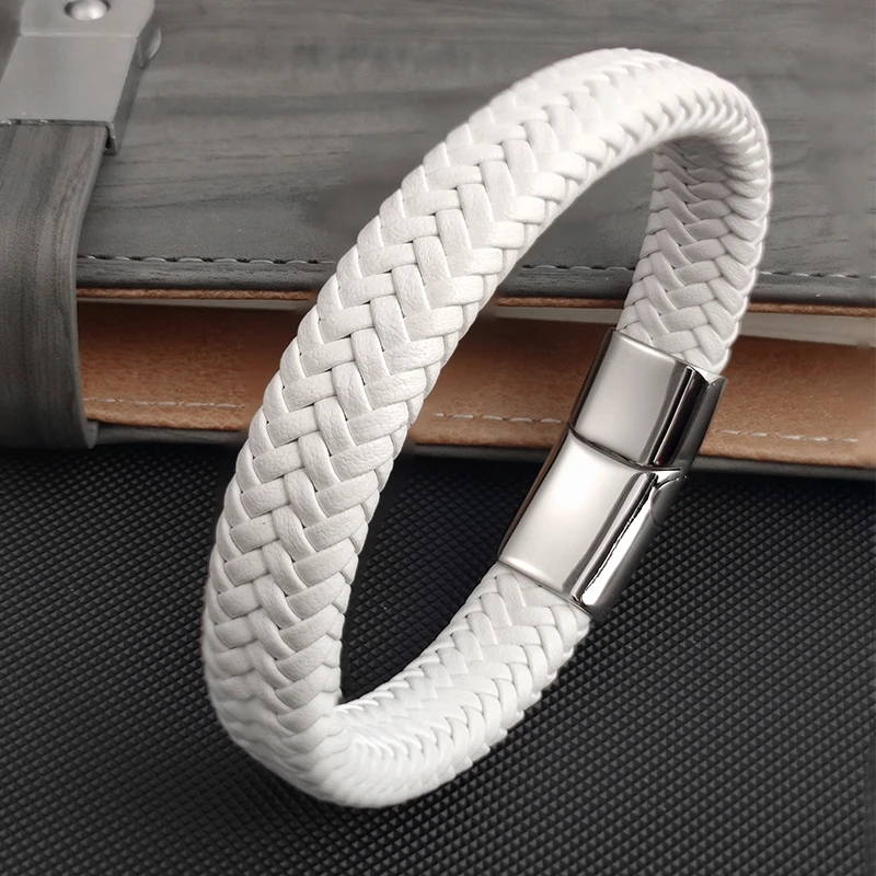 kf-S518bcd3b093f449484ac726e77b01bb3m Fashion Simple White Leather Braid Bracelet Stainless Steel Buckle Clasps for Men Handmade Bangle Wholesale Charm Jewelry Gift - Image 1