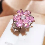Cute Female Pink Crystal Stone Ring Charm Upscale Thin 925 Sterling Silver Wedding Rings for Women Bride Flower Zircon Jewelry - Image 2
