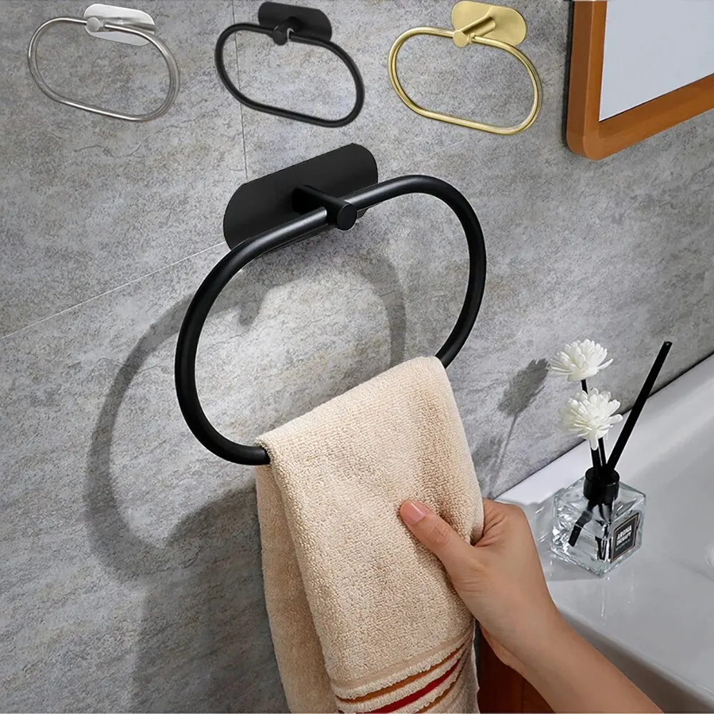 kf-S648c57993d0441cf89a5ae59f96fd2bbN Stainless Steel Towel Holder Self-adhesive Bathroom Towels Rack Black Washhand Hanger Ring Rail Bar Kitchen Storage Accessories - Image 1