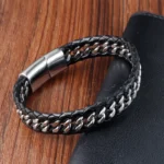 Braided Rope Woven Black Leather Men Bracelets Punk Style Stainless Steel Bangle for Friend Charm Fashion Jewelry Gifts - Image 2