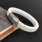 Fashion Simple White Leather Braid Bracelet Stainless Steel Buckle Clasps for Men Handmade Bangle Wholesale Charm Jewelry Gift - Image 5
