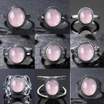 Vintage S925 Sterling Silver Ring Oval Round Natural Rose Quartz Ring Pink Stone Sun Shaped Retro Silver Fine Jewelry For Women - Image 2