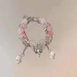 Korean Pink Crystal Flowers Butterfly Pendant Beaded Bracelet For Women Sweet Beaded Chain Bracelet Jewelry Gifts - Image 4
