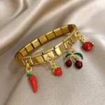New Stainless Steel Strawberry Pepper Cherry Pendant Elastic Bangles Bracelets Fashion Women's Adjustable Waterproof Jewelry - Image 2