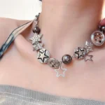 Punk Retro Button Star Pendant Necklace Trendy Delicate Silver Color Unisex Choker Personalised Luxury Jewelry for Women - Image 5