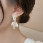Korean White Shell Flower Drop Earrings with Zircon Crystals - Image 3