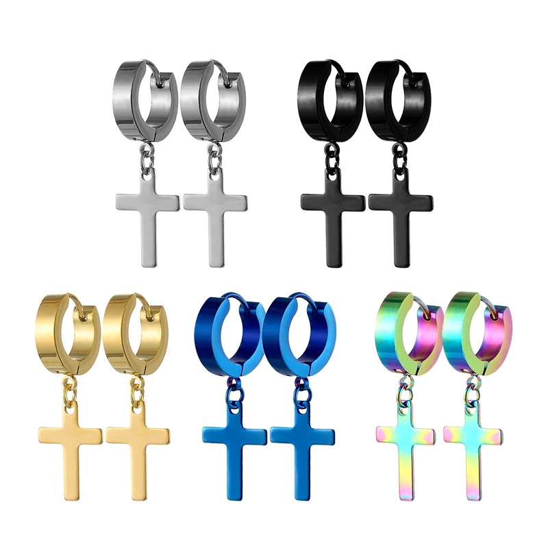 kf-S992d77eff84e41fbaa4306aaef827a57G 1Pair Punk Stainless Steel Cross Pendant Hoop Earrings For Men Women Not Fade Ear Rings Hip Hop Male Jewelry - Image 1